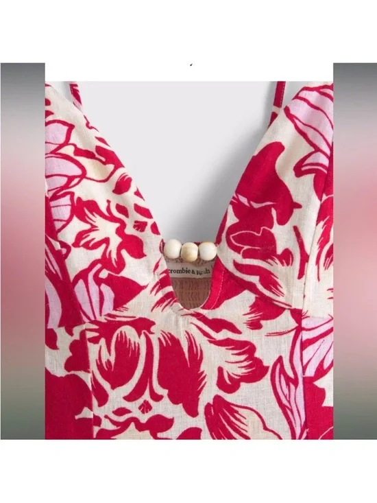 Abercrombie & Fitch Beaded Flowy Floral Red Pink Midi Dress Linen Blend Size XL - Picture 4 of 13